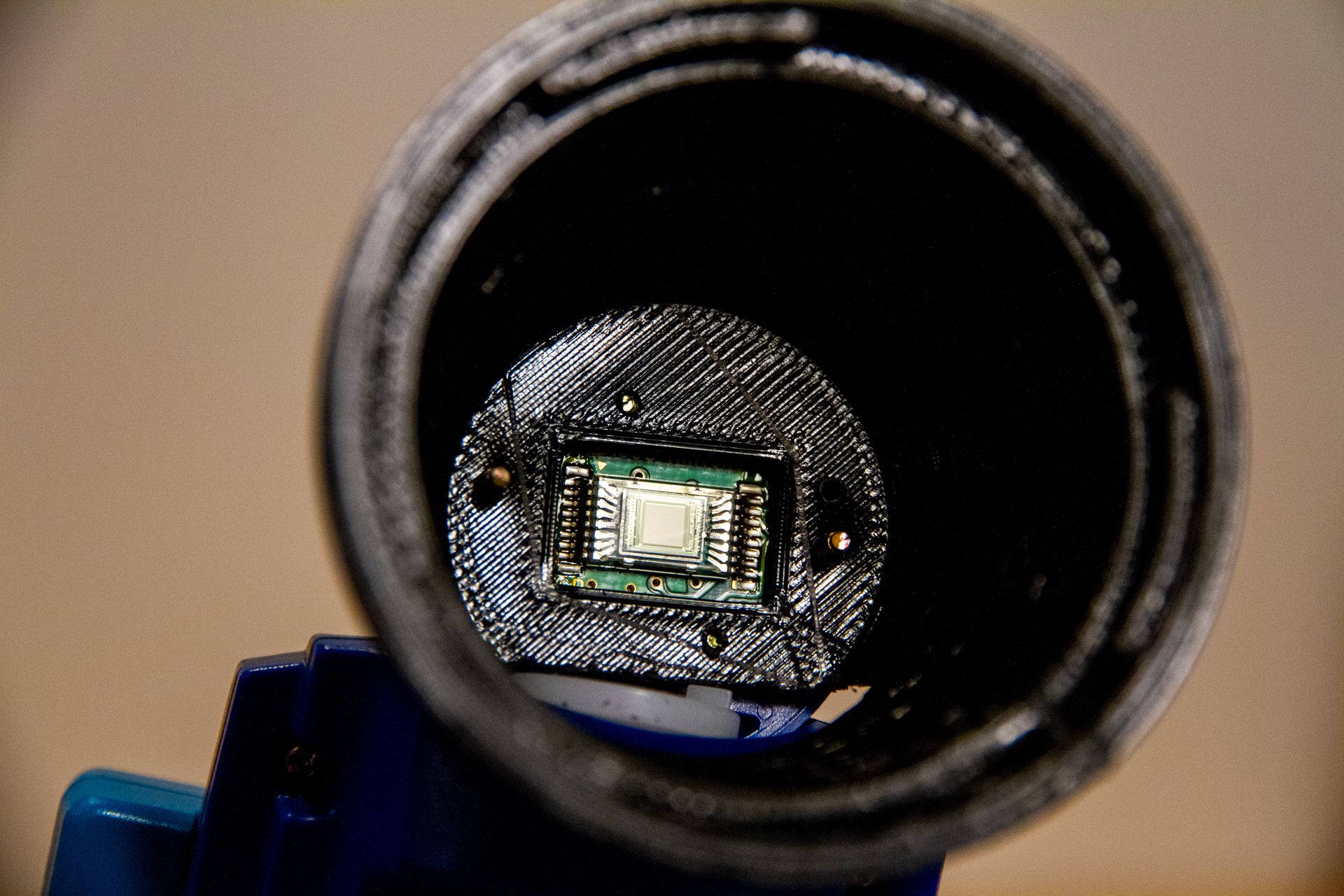 The Game Boy Camera sensor board inside the 3D printed mount